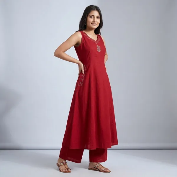 Red_Embroidered_Sleeveless_Kurta_Set_With_Pants_For_Women
