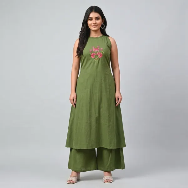 Green_Embroidered_Sleeveless_Kurta_With_Palazzo_Set_For_Women