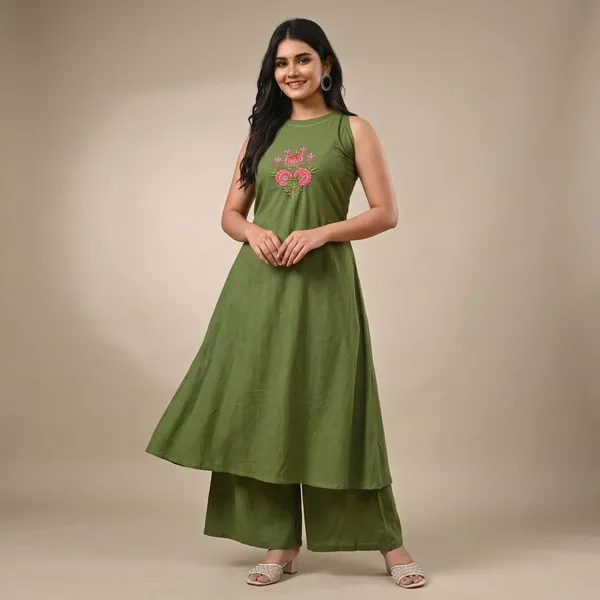 Green_Embroidered_Sleeveless_Kurta_With_Palazzo_Set_For_Women