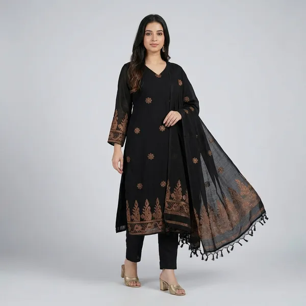 Black_Embroidered_Cotton_Kurta_Set_With_Dupatta_For_Women