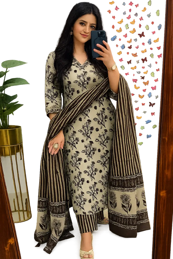Beige_Floral_Print_Mirror_Work_Kurta_with_Striped_Dupatta_for_Women