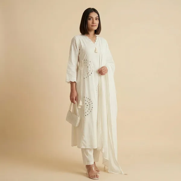 White_Embellished_Mirror_Work_Kurta_Set_With_Dupatta_For_Women
