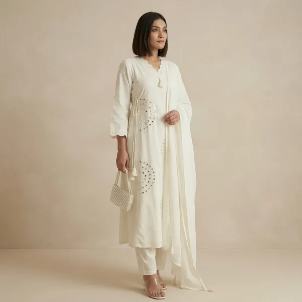 White_Embellished_Mirror_Work_Kurta_Set_With_Dupatta_For_Women