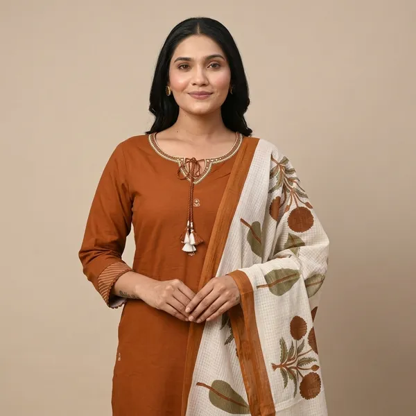 Rust_Orange_Cotton_Embellished_Kurta_Set_With_Printed_Dupatta_For_Women