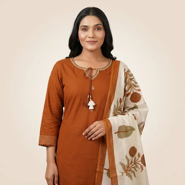 Rust_Orange_Cotton_Embellished_Kurta_Set_With_Printed_Dupatta_For_Women