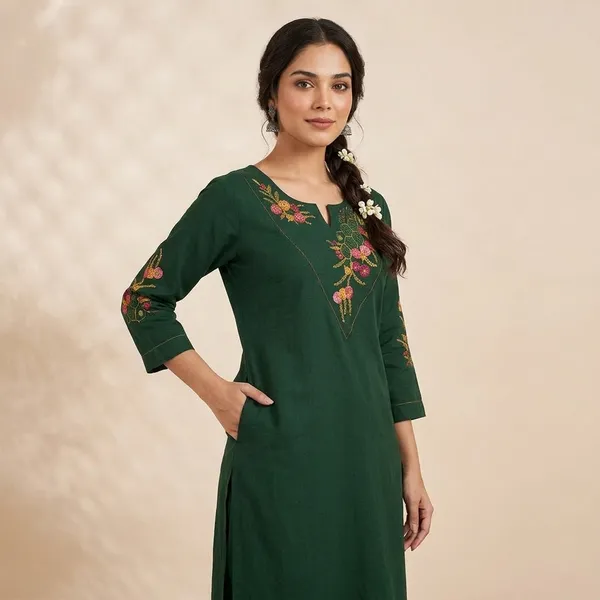Green_Embroidered_Straight_Fit_Kurta_Set_For_Women