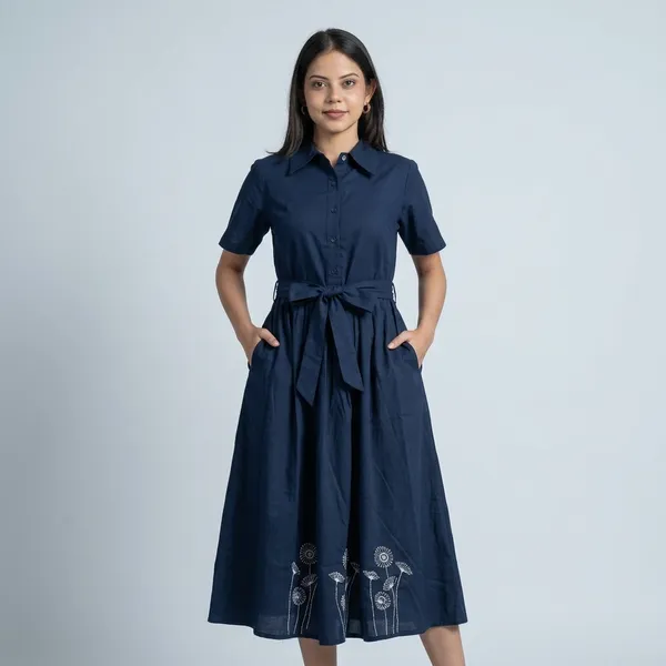 Navy_Blue_Cotton_Shirt_Dress_With_Waist_Tie_For_Women