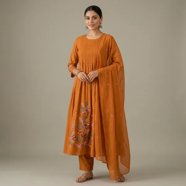 Orange_Cotton_Pintuck_Floral_Embroidered_Kurta_Set_For_Women