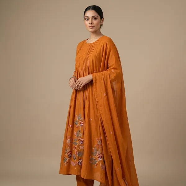 Orange_Cotton_Pintuck_Floral_Embroidered_Kurta_Set_For_Women