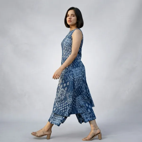 Blue_Cotton_Hand_Block_Print_Sleeveless_Kurta_For_Women