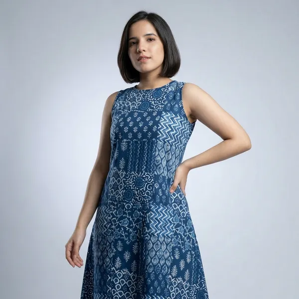Blue_Cotton_Hand_Block_Print_Sleeveless_Kurta_For_Women