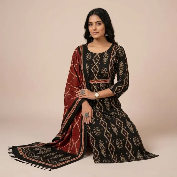 Black_Printed_Anarkali_Kurta_Set_With_Red_Dupatta_For_Women