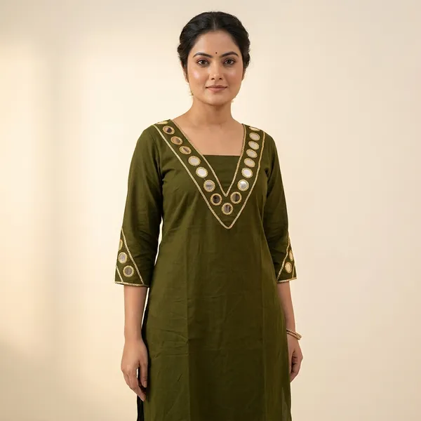 Olive_Green_Embroidered_V_Neck_Kurta_Set_For_Women