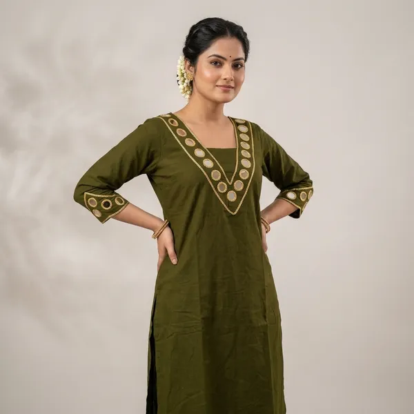 Olive_Green_Embroidered_V_Neck_Kurta_Set_For_Women