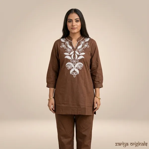 Brown_Cotton_Embroidered_Kurta_Pant_Set_For_Women