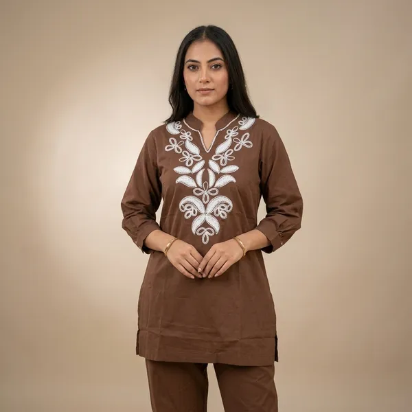 Brown_Cotton_Embroidered_Kurta_Pant_Set_For_Women