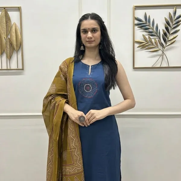 Blue_Cotton_Embroidered_Sleeveless_Kurta_Set_With_Yellow_Dupatta_For_Women
