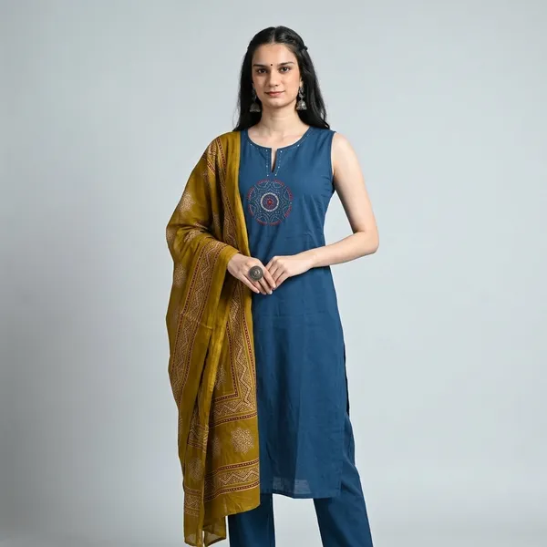 Blue_Cotton_Embroidered_Sleeveless_Kurta_Set_With_Yellow_Dupatta_For_Women
