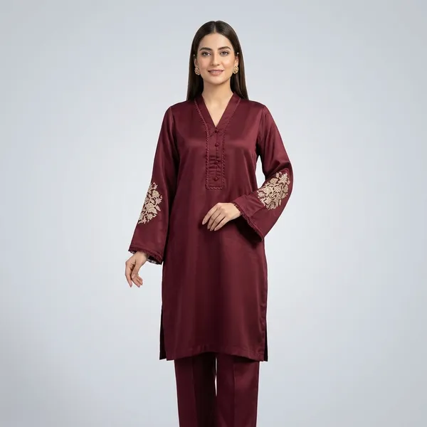 Maroon_Cotton_Embroidered_Kurta_Pajama_Set_For_Women