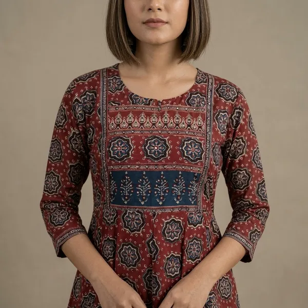 Maroon_And_Blue_Printed_Ethnic_Kurta_Set_With_Dupatta_For_Women