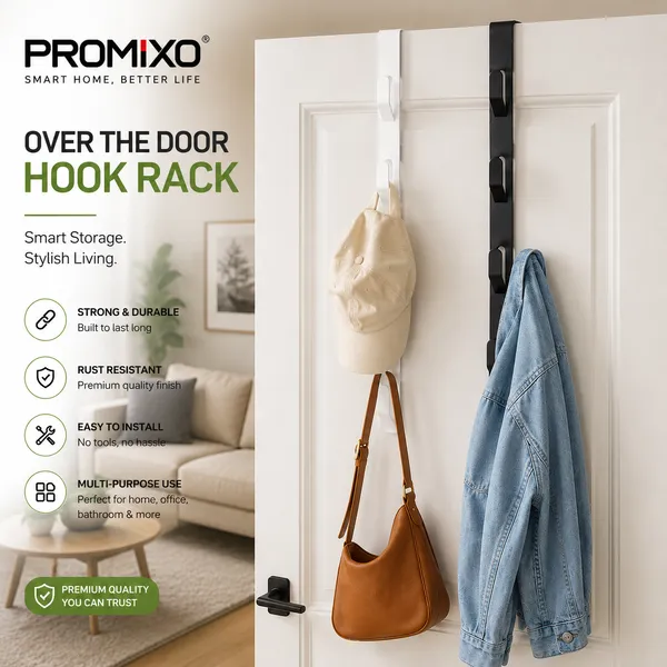 PROMIXO_4_Hook_Over_Door_Hanger_Rack_–_Metal_Door_Hook_for_Clothes,_Towels,_Bags,_Coats_&_Accessories_|_No_Drill_Organizer