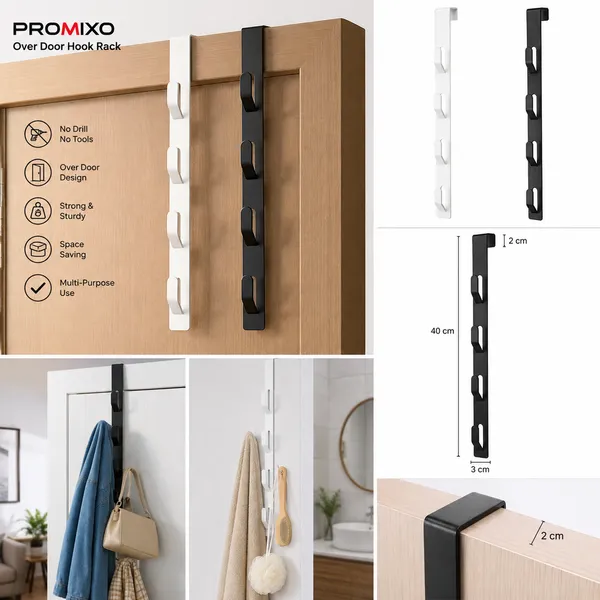 PROMIXO_4_Hook_Over_Door_Hanger_Rack_–_Metal_Door_Hook_for_Clothes,_Towels,_Bags,_Coats_&_Accessories_|_No_Drill_Organizer