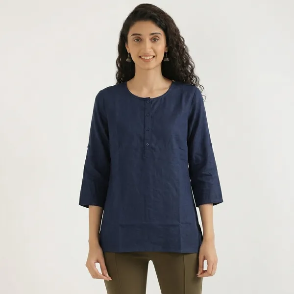 KIAE_Premium_Cotton-Linen_Short_Kurti_–_Navy_Blue