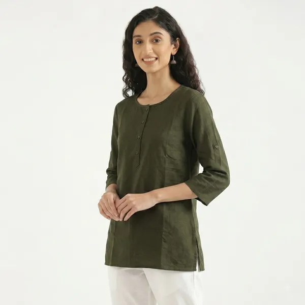 KIAE_Premium_Cotton-Linen_Short_Kurti_–_Olive_Green