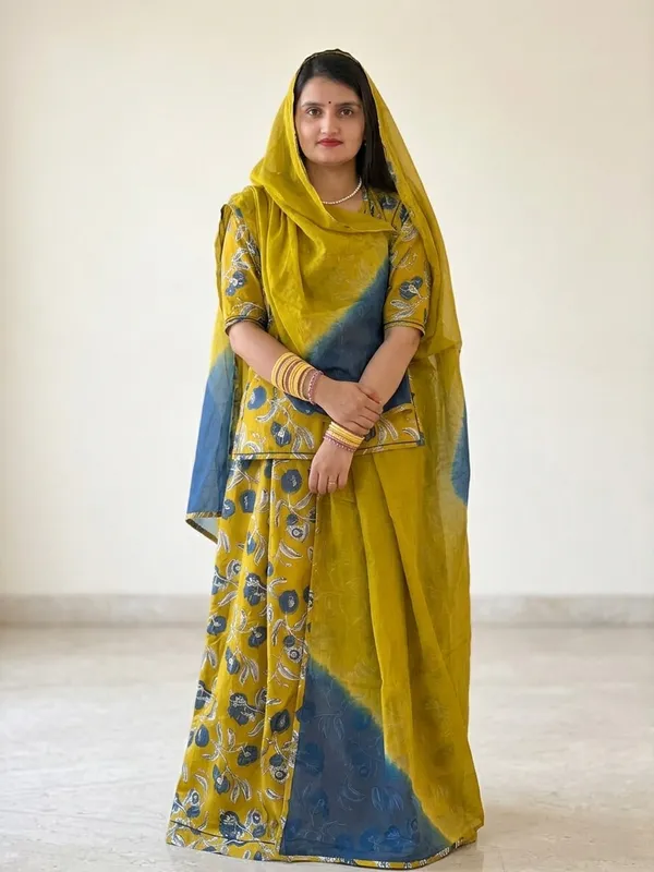 KIAE_Women's_Mustard_&_Blue_Floral_Printed_Rajputi_Poshak_|_Traditional_Cotton_Ethnic_Suit_Set_with_Tie-Dye_Odhani