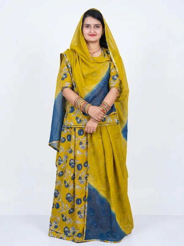 KIAE_Women's_Mustard_&_Blue_Floral_Printed_Rajputi_Poshak_|_Traditional_Cotton_Ethnic_Suit_Set_with_Tie-Dye_Odhani