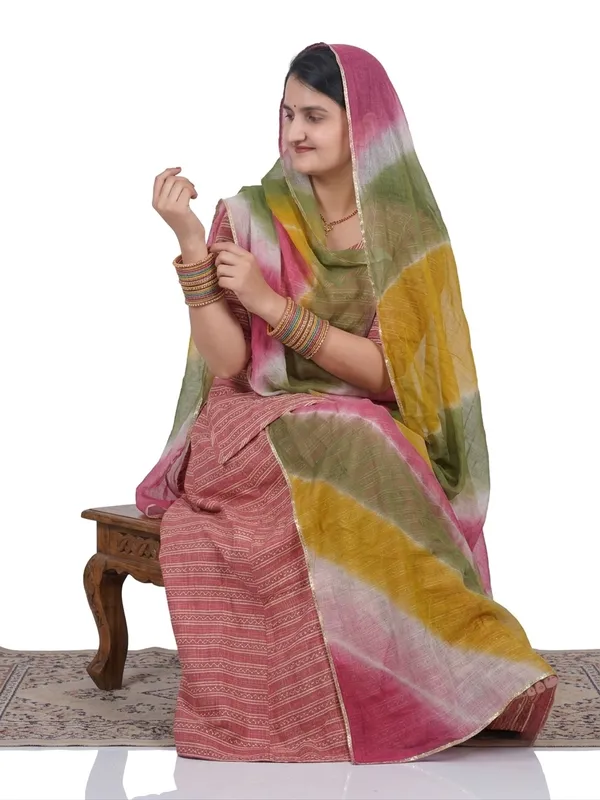 KIAE_Women's_Traditional_Rajasthani_Rajputi_Poshak_|_Glass_Silk_Striped_Dress_with_Multicolor_Kota_Doriya_Odhani_(Reddish_Pink)