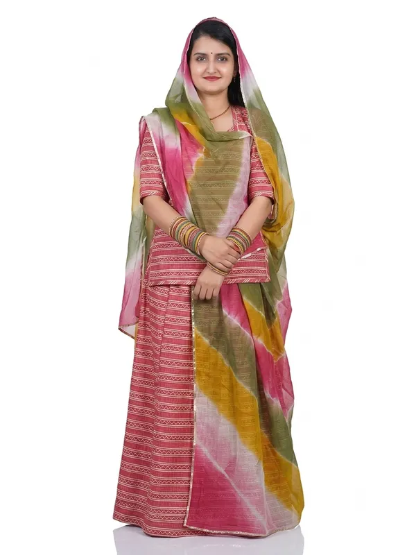KIAE_Women's_Traditional_Rajasthani_Rajputi_Poshak_|_Glass_Silk_Striped_Dress_with_Multicolor_Kota_Doriya_Odhani_(Reddish_Pink)