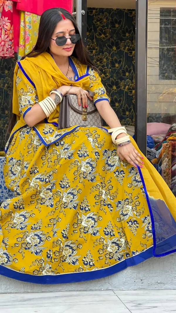 KIAE_Women's_Trendy_Mustard_Floral_Print_Rajputi_Poshak_|_Premium_Cotton_Ethnic_Wear_Set_with_Contrast_Blue_Border_Odhani
