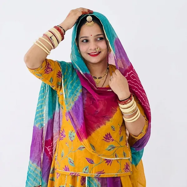 KIAE_Women's_Unstitched_Cotton_Printed_Rajasthani_Rajputi_Suit_Dress_Material_with_Multi-Color_Bandhej_Odhani_(Mustard_Yellow)