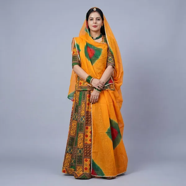 Yellow_Multicolor_Cotton_Semi-Stitched_Rajputi_Poshak_For_Women