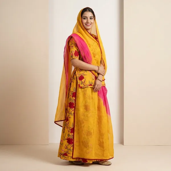Yellow_Red_Multicolor_Cotton_Semi-Stitched_Rajputi_Poshak_For_Women