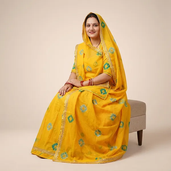 Yellow_Cotton_Bandhej_Unstitched_Lehenga_Choli_Set_For_Women
