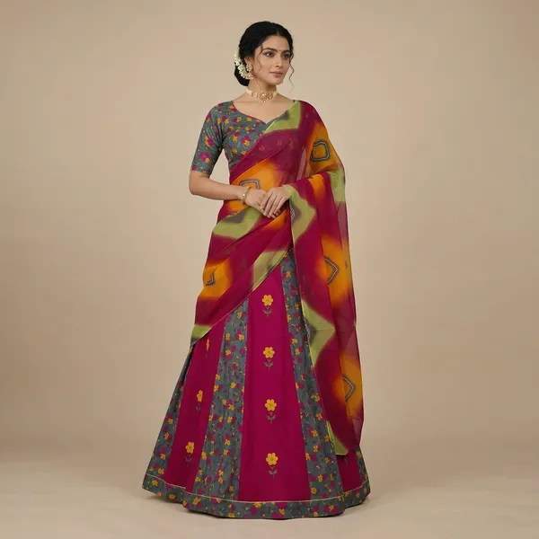 Multicolour_Cotton_Bandhej_Rajputi_Poshak_For_Women