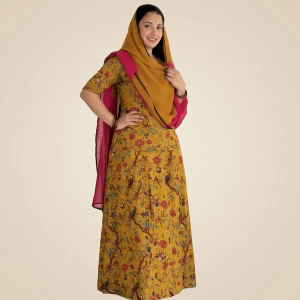 Yellow_Cotton_Floral_Bird_Print_Unstitched_Poshak_Set_For_Women