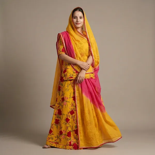 Yellow_Pink_Pure_Cotton_Floral_Print_Unstitched_Rajputi_Poshak_For_Women