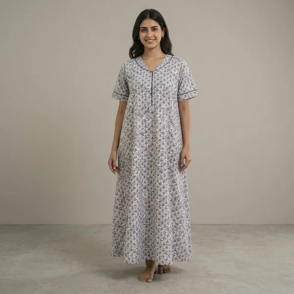White_Grey_Pure_Cotton_Floral_Maxi_Nightgown_For_Women