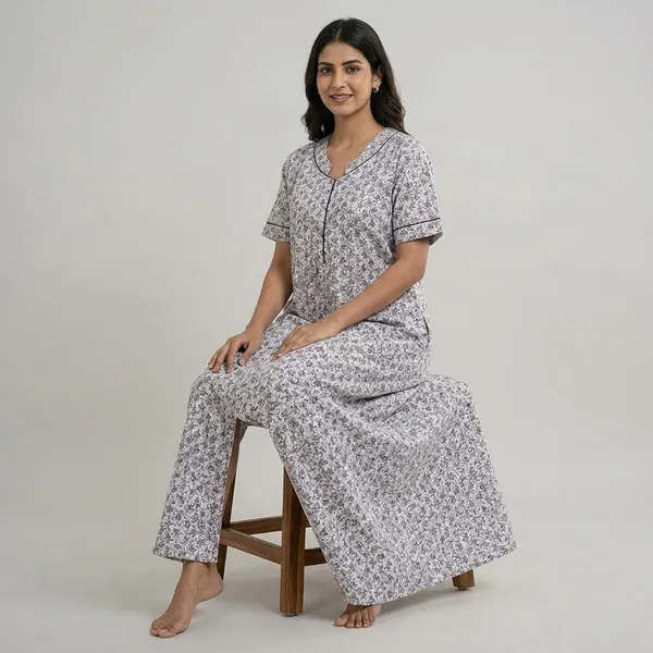 White_Grey_Pure_Cotton_Floral_Maxi_Nightgown_For_Women