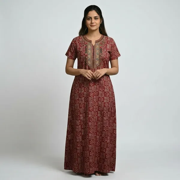 Red_Pure_Cotton_Floral_Maxi_Nighty_For_Women