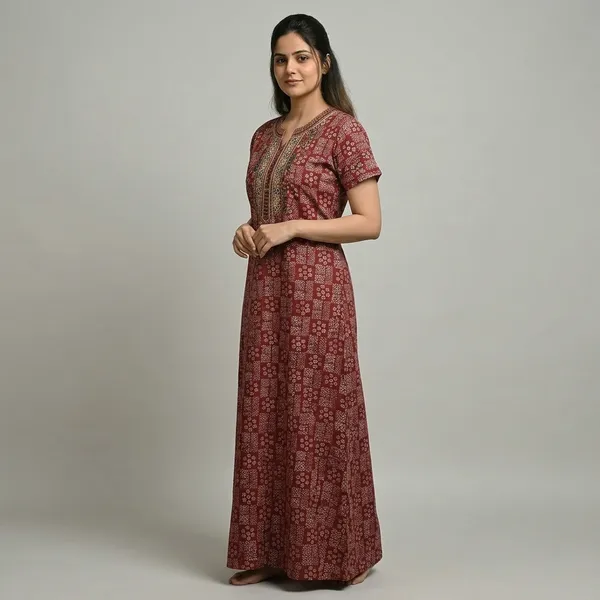 Red_Pure_Cotton_Floral_Maxi_Nighty_For_Women