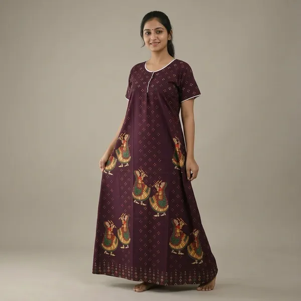 Maroon_Pure_Cotton_Floral_Maxi_Nighty_For_Women