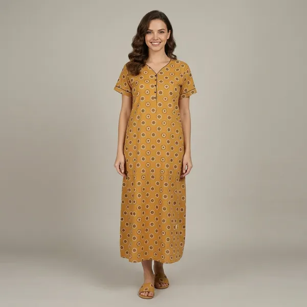 Yellow_Pure_Cotton_Floral_Maxi_Nightgown_For_Women