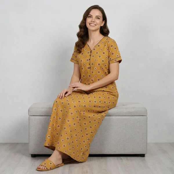 Yellow_Pure_Cotton_Floral_Maxi_Nightgown_For_Women