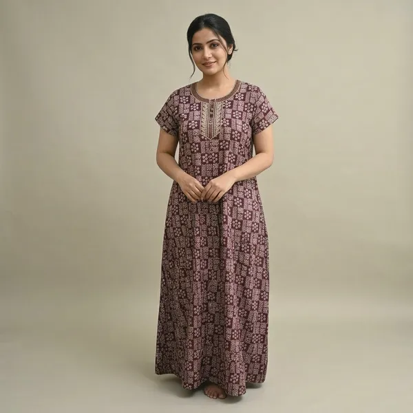 Maroon_Pure_Cotton_Floral_Maxi_Nighty_For_Women