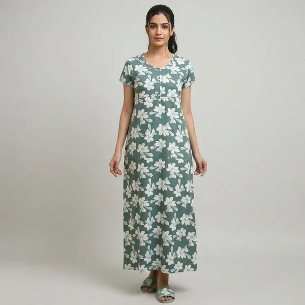 Green_Cotton_Floral_Maxi_Nightgown_For_Women