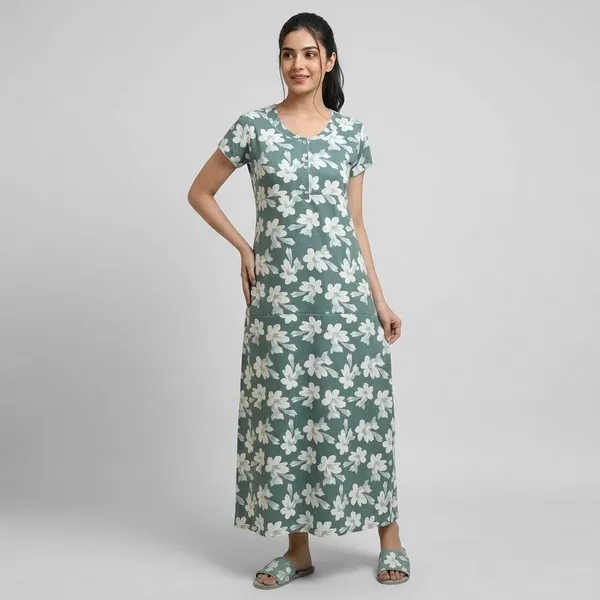 Green_Cotton_Floral_Maxi_Nightgown_For_Women